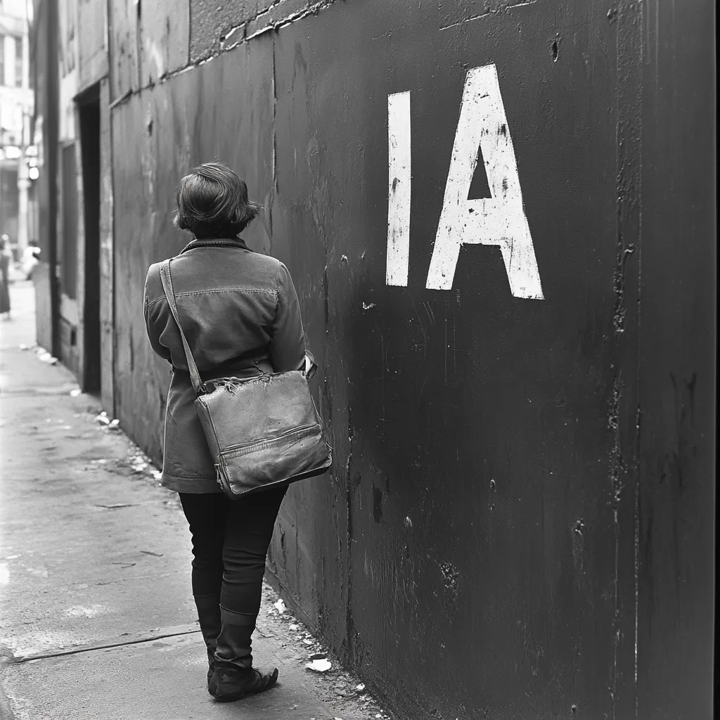 una mujer caminando y una pared con una pintada que pone IA.